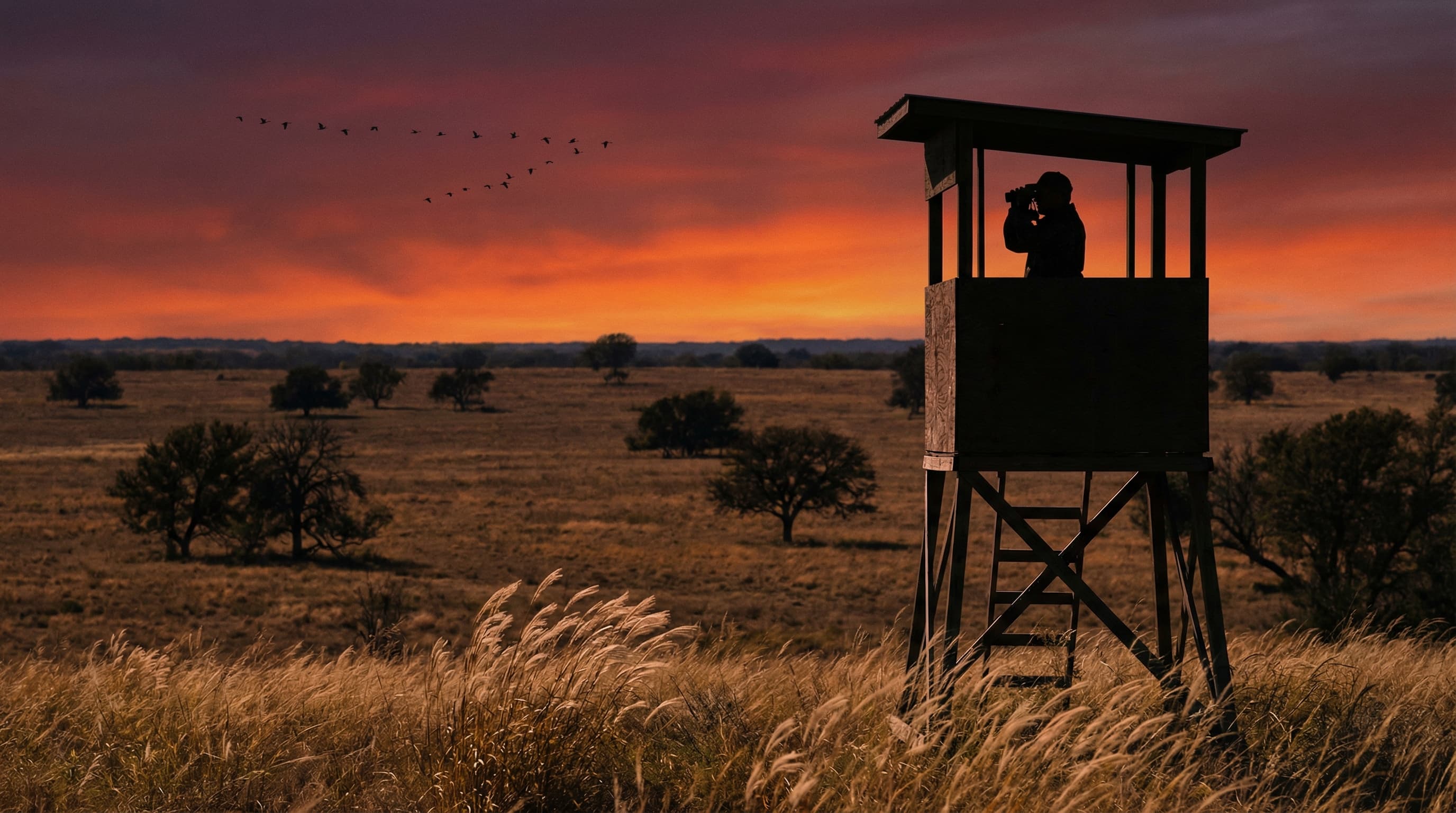 Hunter in an elevated deer blind scanning Texas hill country at sunset