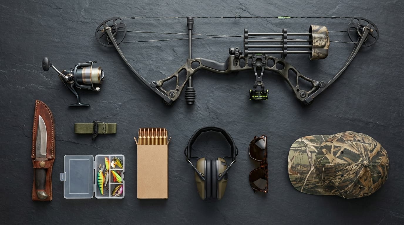 Curated collection of outdoor sporting goods including bow, reel, and gear