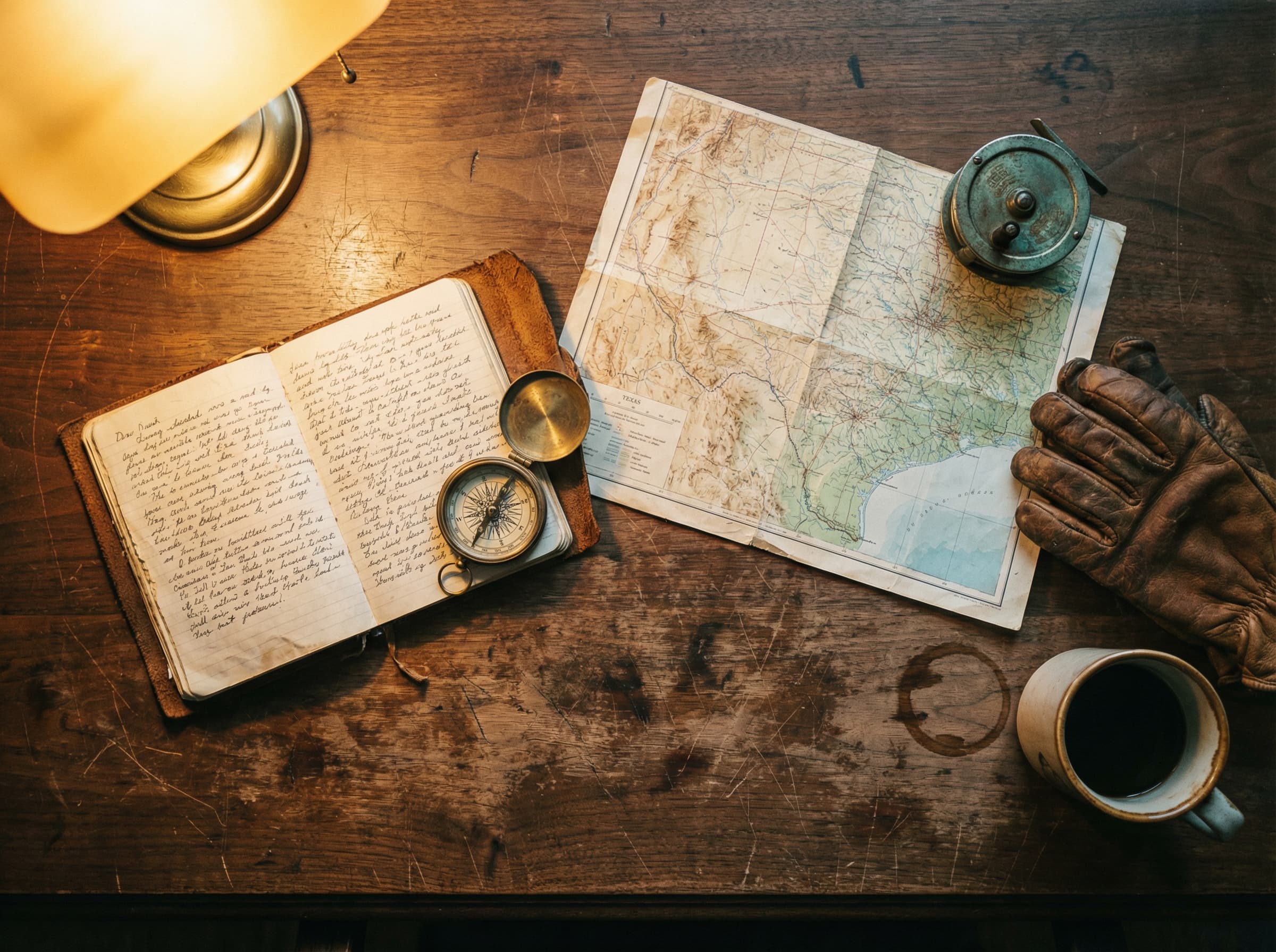 Vintage outdoor industry heritage - leather journal, compass, Texas map, and fishing reel on a weathered desk